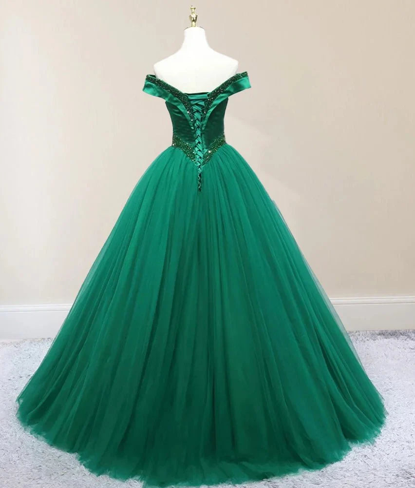 Green Beading Off the Shoulder Sweep-Train Quinceanera Dresses