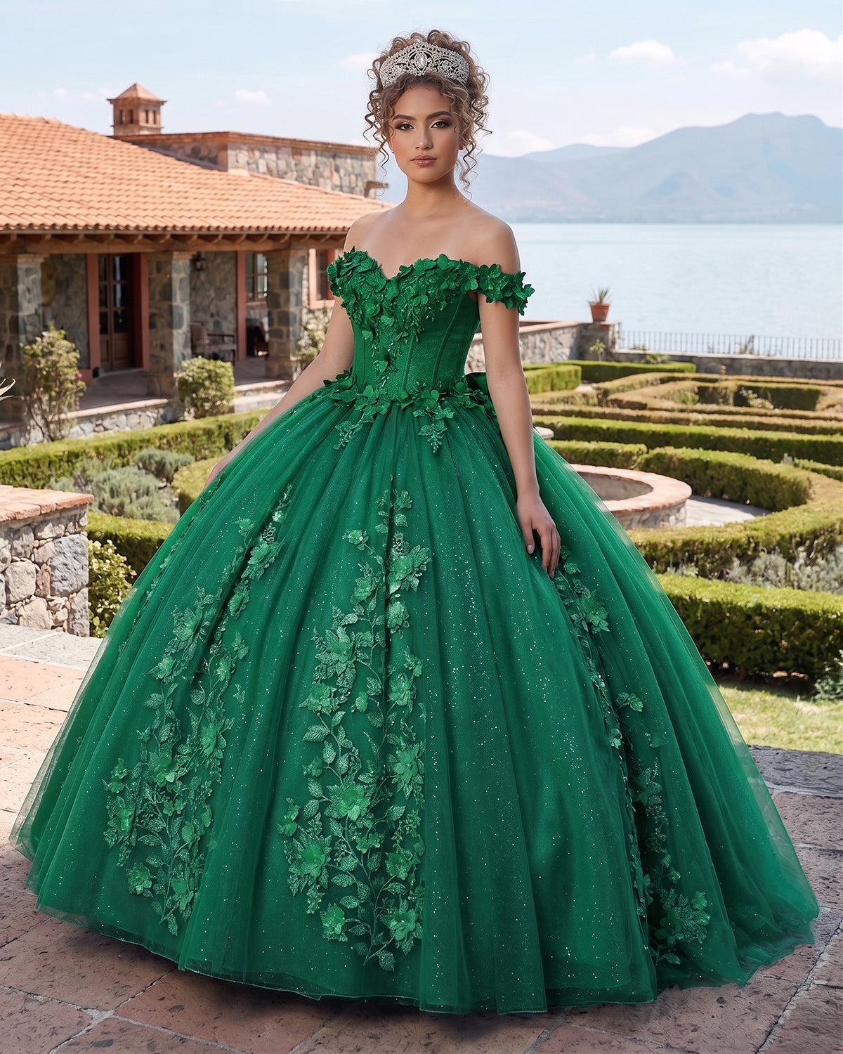 Big Bow Floral Flower Lace Applique Off Shoulder Ball Gown Quinceanera Dresses