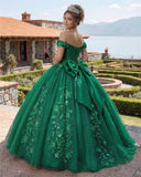 Big Bow Floral Flower Lace Applique Off Shoulder Ball Gown Quinceanera Dresses