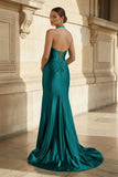 Navy Halter Corset Mermaid Ruched Long Formal Dress with Slit