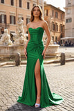 Mermaid Strapless Satin Long Prom Dress With Slit