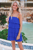 Green Spaghetti Strap Ruffle Tiered Pleated Party Dress