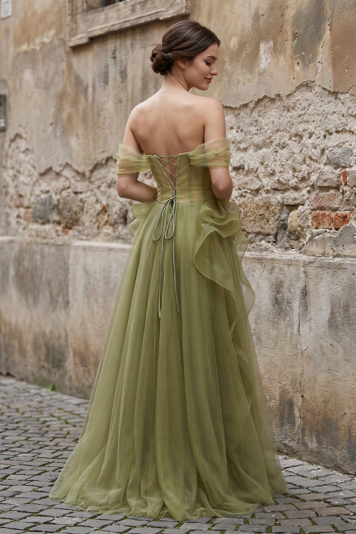 Green Tulle Lace Long Prom Dress with Corset. Green Formal Party Dress