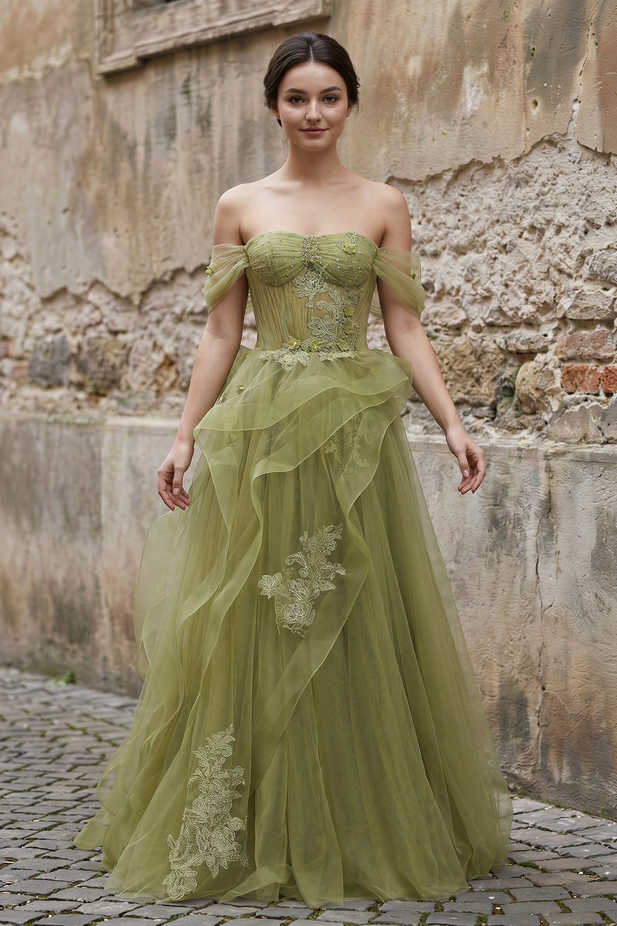 Green Tulle Lace Long Prom Dress with Corset. Green Formal Party Dress