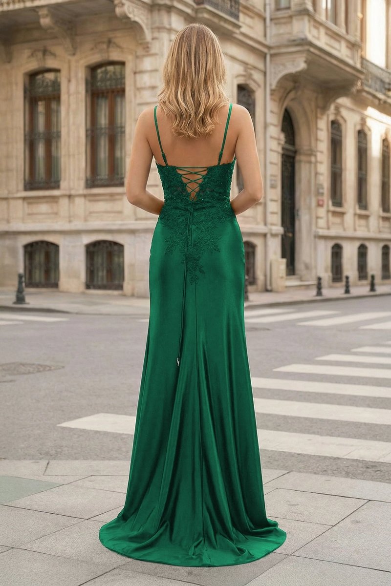 Sheath Spaghetti Straps Black Satin Long Prom Dresses with Lace Appliques