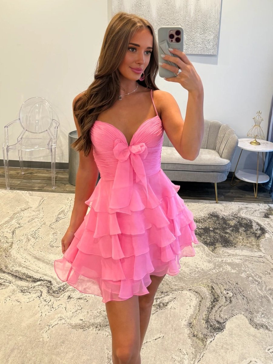 Pink Spaghetti Straps A Line Chiffon Ruffles Homecoming Dresses With Bow