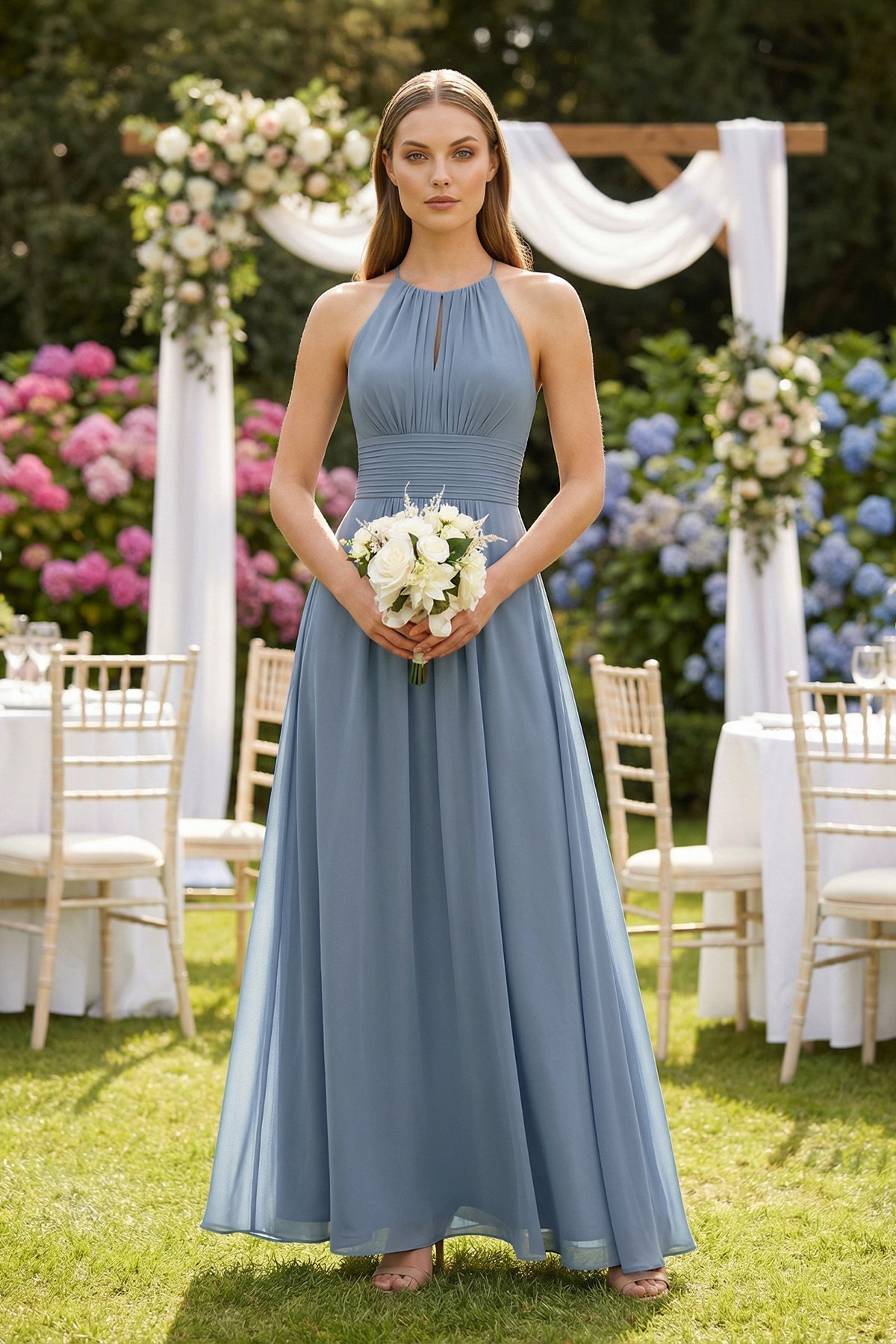 Halter A-Line Chiffon Ankle-Length Bridesmaid Dress in Neptune
