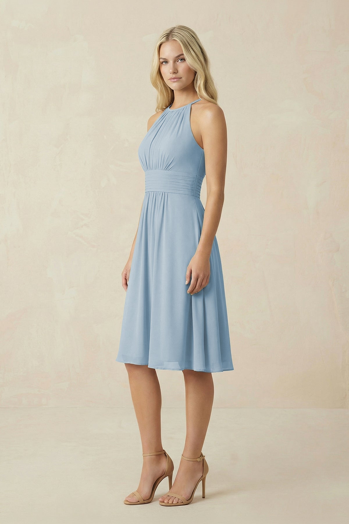Halter A-Line Chiffon Midi Bridesmaid Dress in Dusty Blue