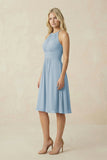 Halter A-Line Chiffon Midi Bridesmaid Dress in Dusty Blue