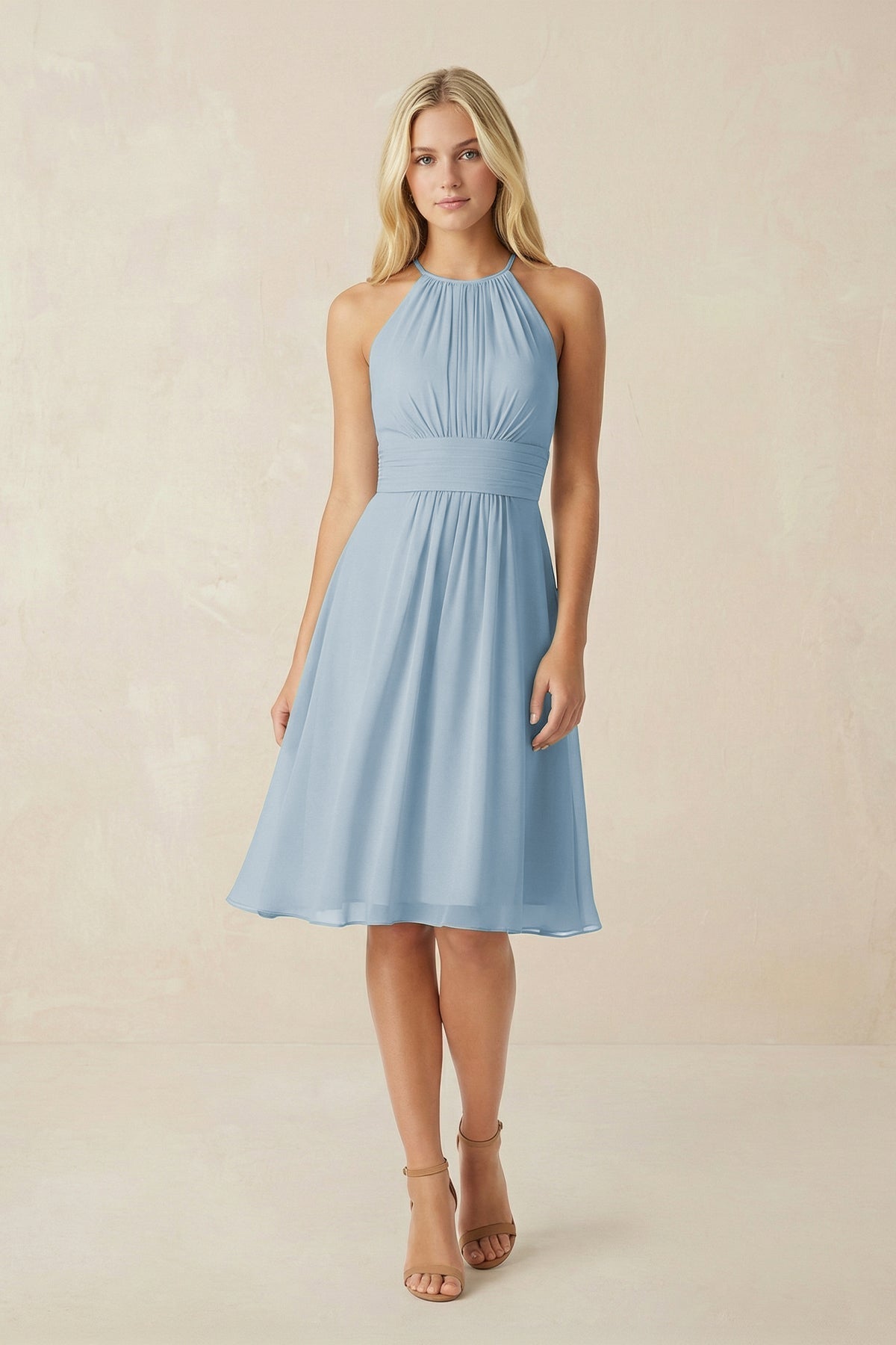 Halter A-Line Chiffon Midi Bridesmaid Dress in Dusty Blue