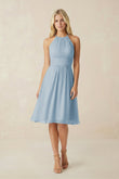 Halter A-Line Chiffon Midi Bridesmaid Dress in Dusty Blue