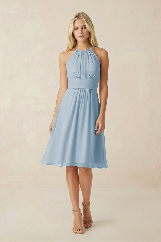 Halter A-Line Chiffon Midi Bridesmaid Dress in Dusty Blue