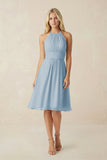 Halter A-Line Chiffon Midi Bridesmaid Dress in Dusty Blue