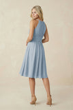 Halter A-Line Chiffon Midi Bridesmaid Dress in Dusty Blue