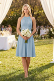 Halter A-Line Chiffon Midi Bridesmaid Dress in Dusty Blue