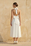 Vintage Tea-Length Chiffon Wedding Dress With Halter Neck and Bow