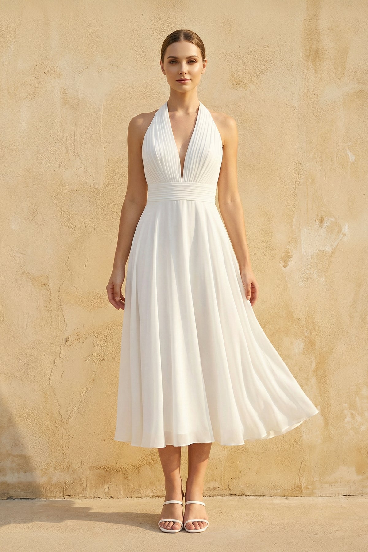 Vintage Tea-Length Chiffon Wedding Dress With Halter Neck and Bow