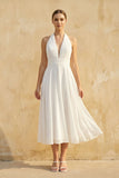 Vintage Tea-Length Chiffon Wedding Dress With Halter Neck and Bow