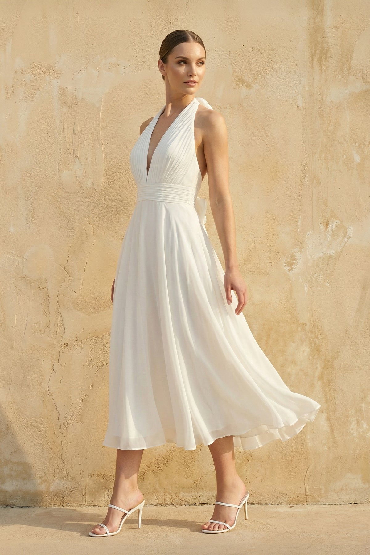 Vintage Tea-Length Chiffon Wedding Dress With Halter Neck and Bow