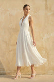 Vintage Tea-Length Chiffon Wedding Dress With Halter Neck and Bow