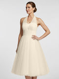 Halter A-Line Tea Length Tulle Wedding Dress With Ruching
