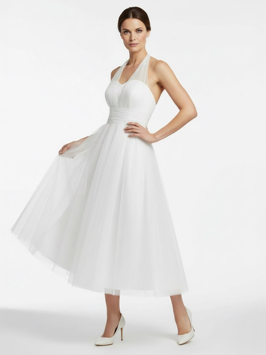 Halter A-Line Tea Length Tulle Wedding Dress With Ruching