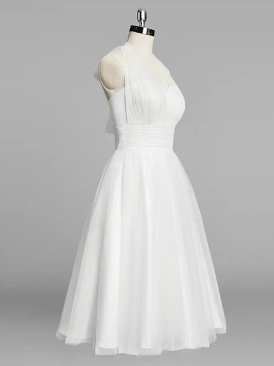 Halter A-Line Tea Length Tulle Wedding Dress With Ruching