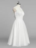 Halter A-Line Tea Length Tulle Wedding Dress With Ruching