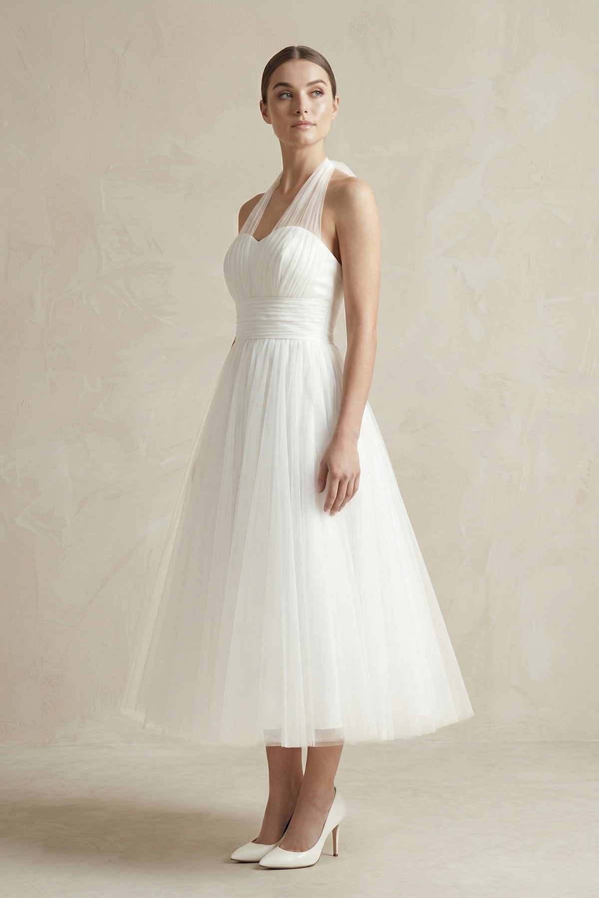 Halter A-Line Tea Length Tulle Wedding Dress With Ruching