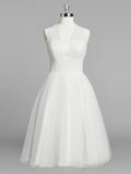 Halter A-Line Tea Length Tulle Wedding Dress With Ruching
