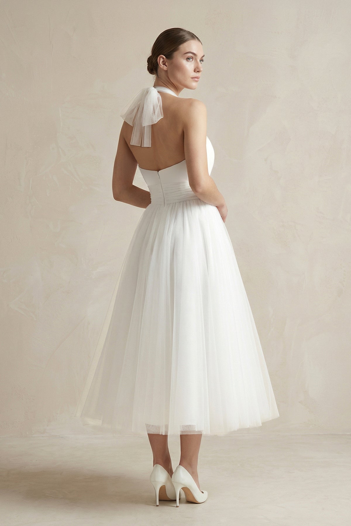 Halter A-Line Tea Length Tulle Wedding Dress With Ruching