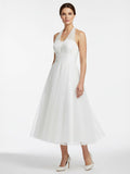 Halter A-Line Tea Length Tulle Wedding Dress With Ruching