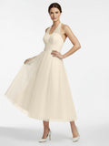 Halter A-Line Tea Length Tulle Wedding Dress With Ruching
