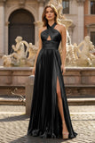 Peacock Blue Halter Neck A-Line Long Prom Dress With Split