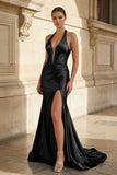 Navy Halter Corset Mermaid Ruched Long Formal Dress with Slit