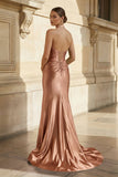 Navy Halter Corset Mermaid Ruched Long Formal Dress with Slit