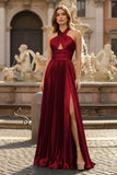 Peacock Blue Halter Neck A-Line Long Prom Dress With Split
