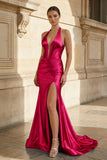 Navy Halter Corset Mermaid Ruched Long Formal Dress with Slit