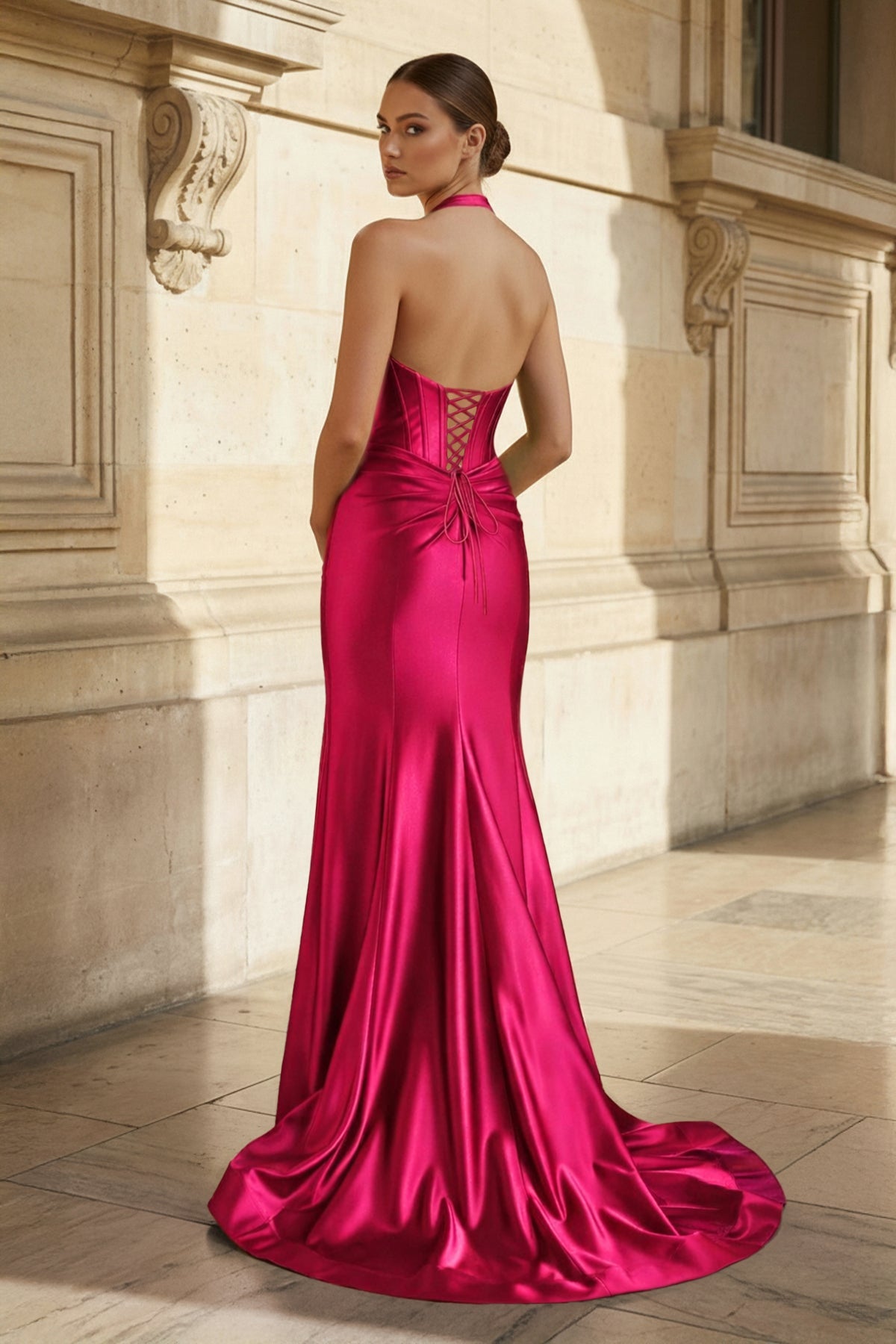 Navy Halter Corset Mermaid Ruched Long Formal Dress with Slit