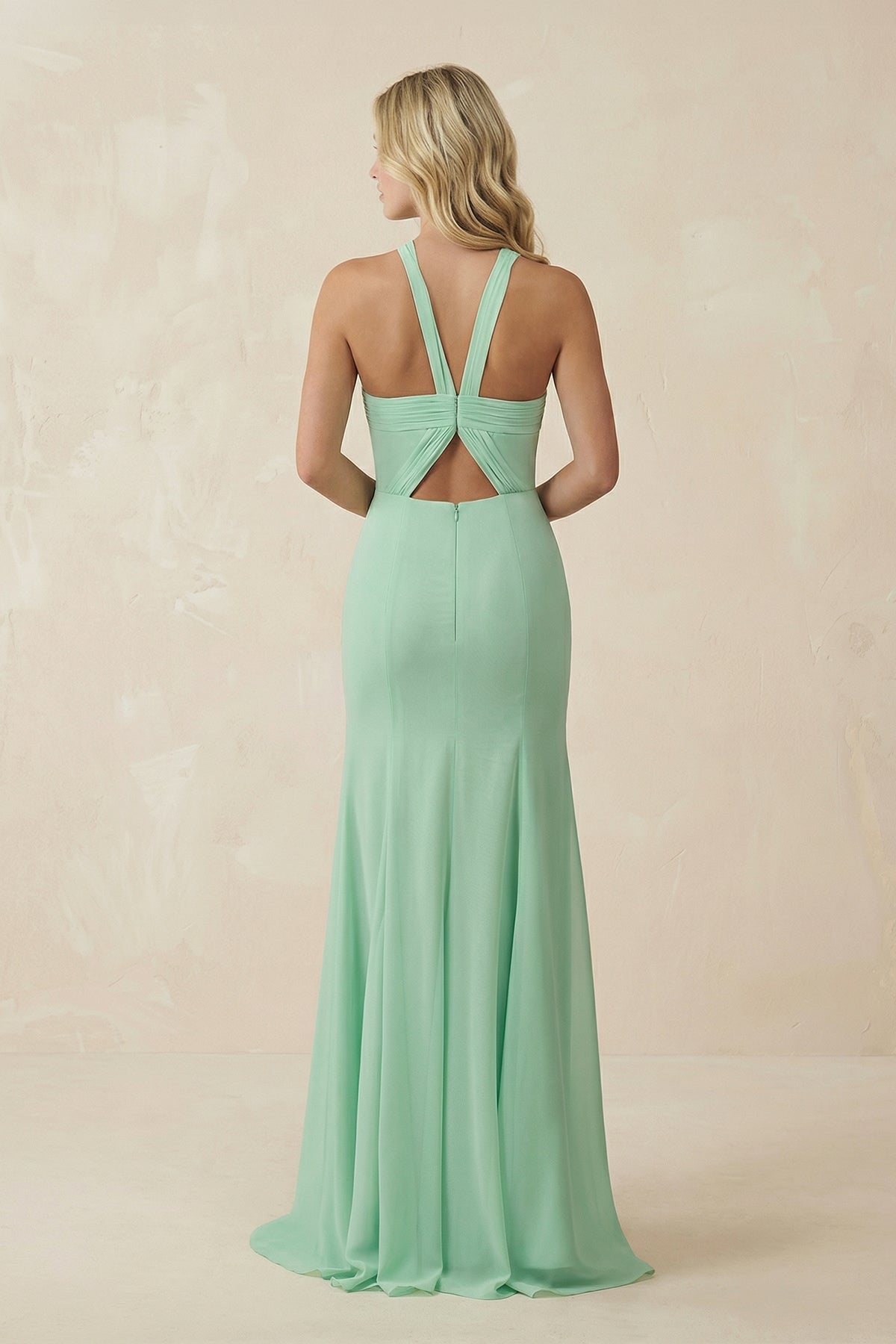 Halter Chiffon Mermaid Ruched Bridesmaid Dress in Pale Pistachio