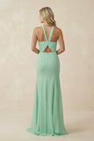 Halter Chiffon Mermaid Ruched Bridesmaid Dress in Pale Pistachio