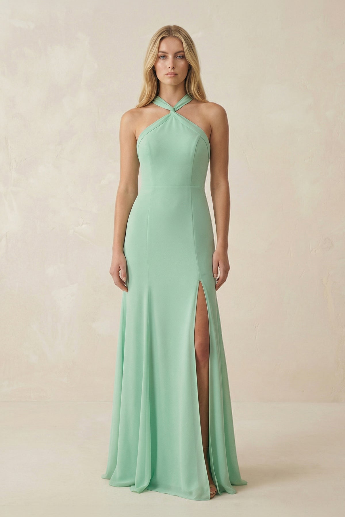 Halter Chiffon Mermaid Ruched Bridesmaid Dress in Pale Pistachio