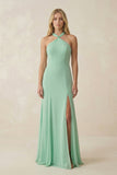 Halter Chiffon Mermaid Ruched Bridesmaid Dress in Pale Pistachio