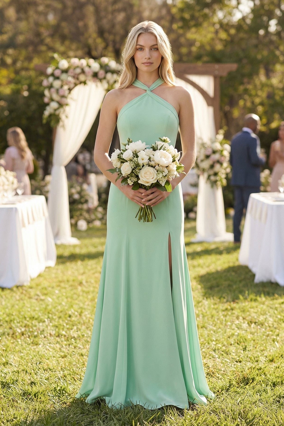 Halter Chiffon Mermaid Ruched Bridesmaid Dress in Pale Pistachio
