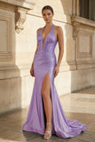 Navy Halter Corset Mermaid Ruched Long Formal Dress with Slit
