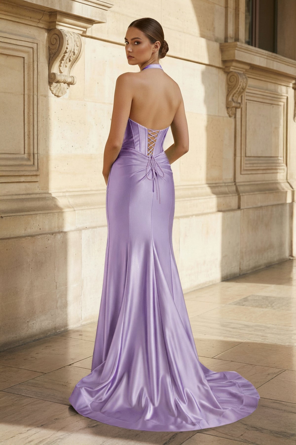Navy Halter Corset Mermaid Ruched Long Formal Dress with Slit