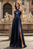 Peacock Blue Halter Neck A-Line Long Prom Dress With Split