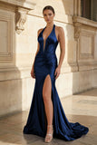 Navy Halter Corset Mermaid Ruched Long Formal Dress with Slit