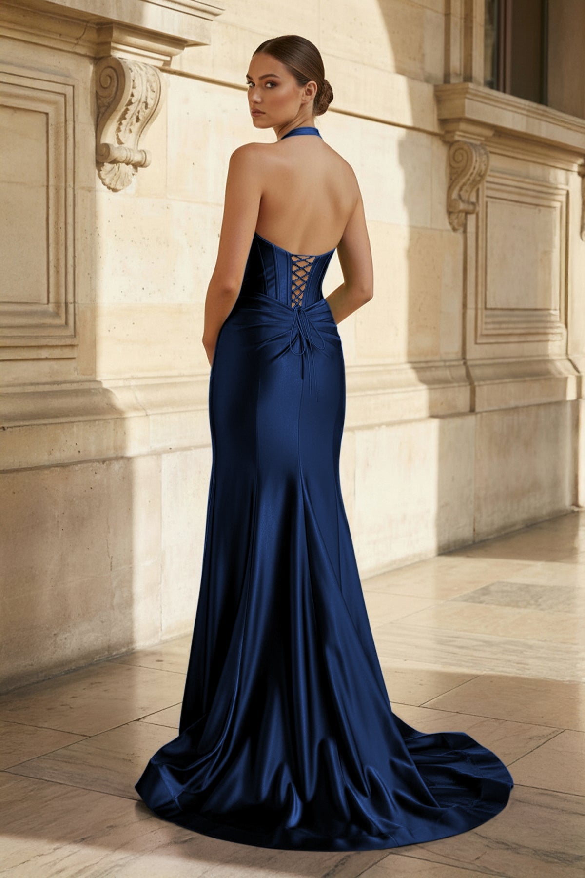 Navy Halter Corset Mermaid Ruched Long Formal Dress with Slit