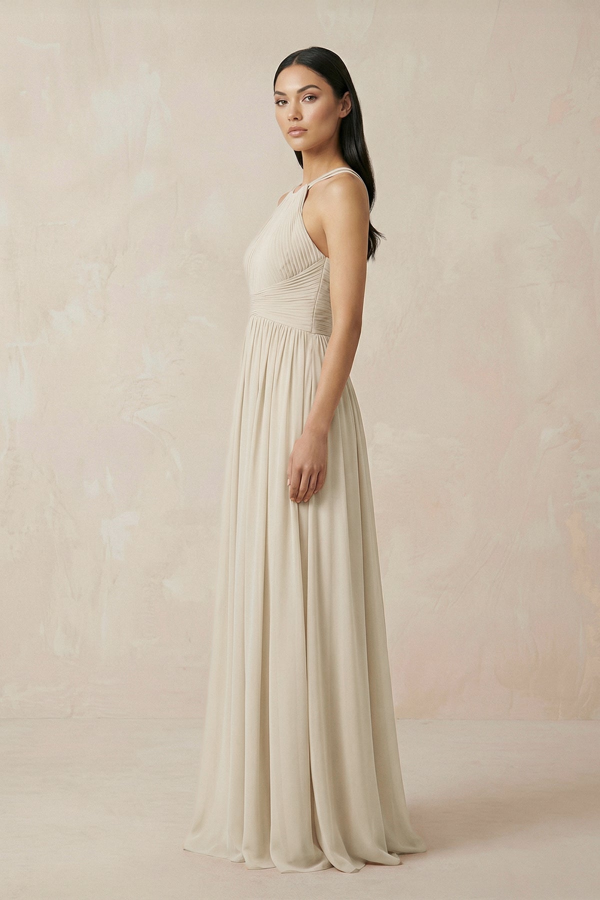 Halter Neck A-Line Chiffon Bridesmaid Dress in Champagne